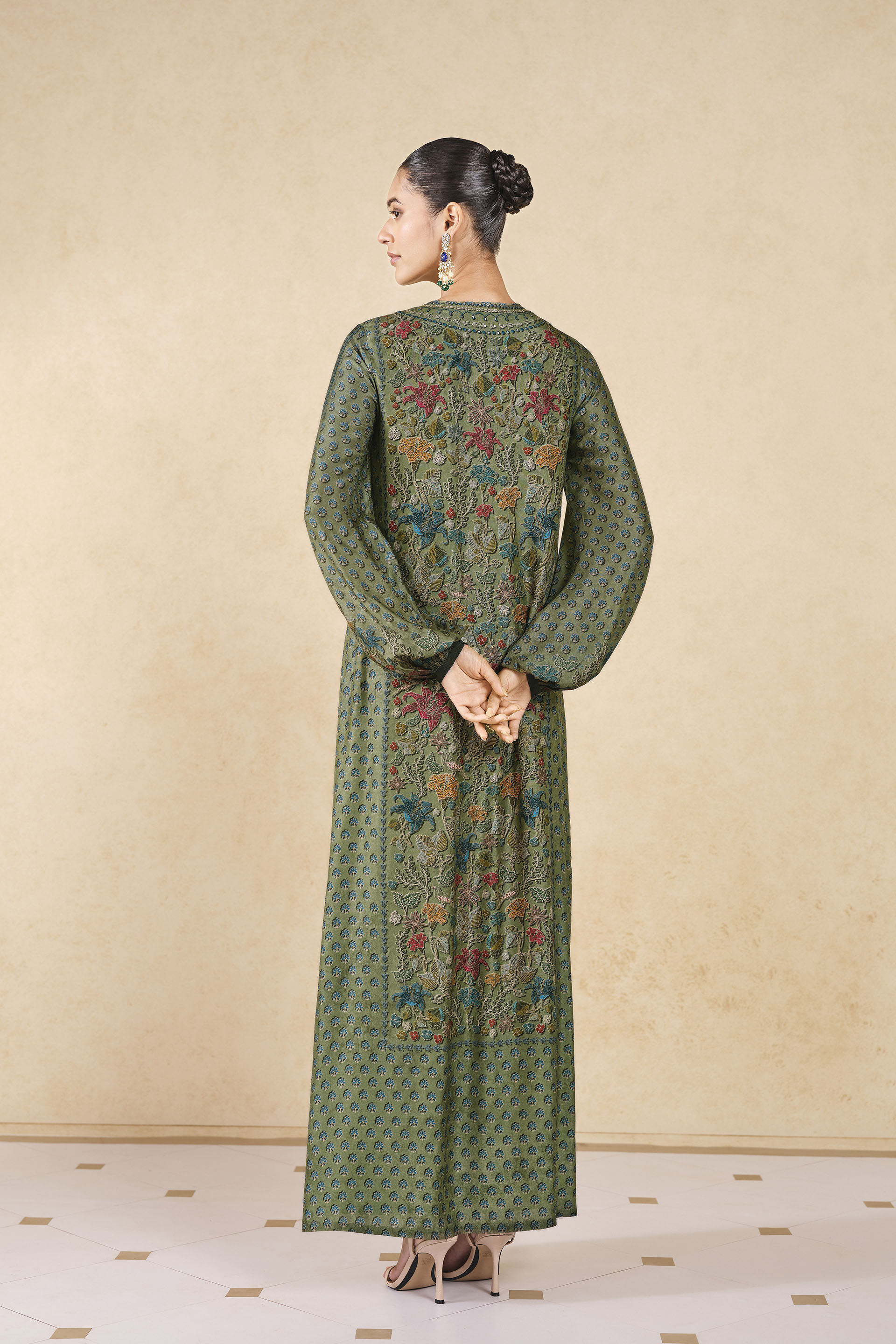 Eman Printed Silk Kaftan - Sage, Sage, image 2